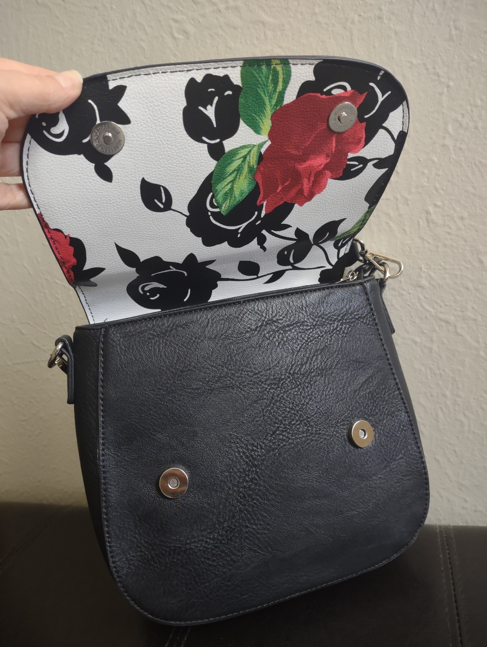 K. Carroll Accessories Floral Rose Crossbody Handbag - Black White & Red - Picture 9 of 16